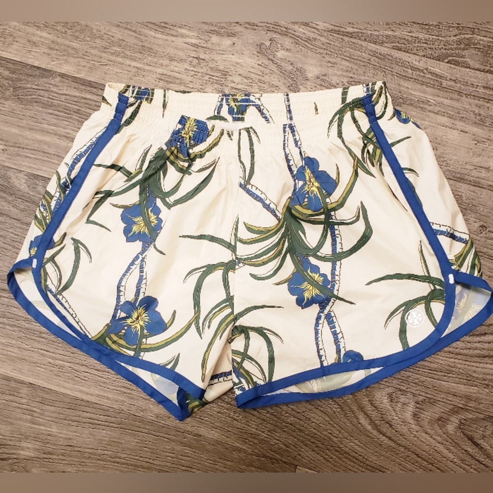 Tory Burch Cream Floral Athletic Shorts with Blue‎ Trim